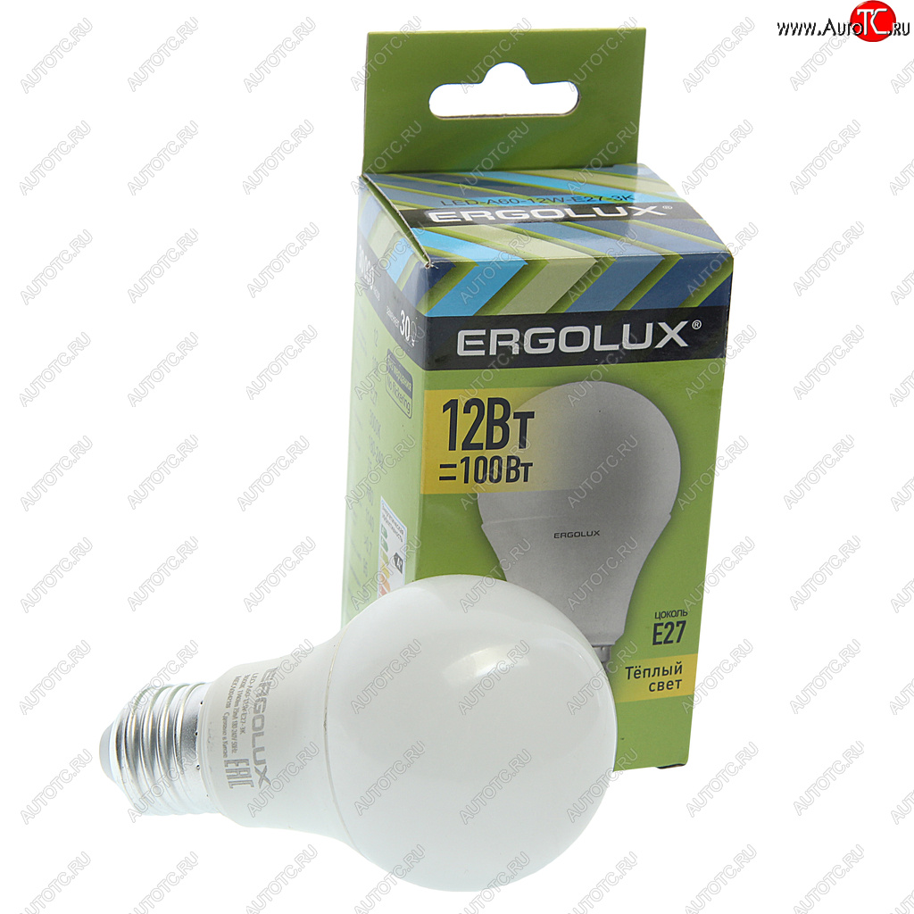 94 р. Лампа светодиодная E27 A60 12W (100W) 220V теплый ERGOLUX ERGOLUX el-led-a60-12w-e27-3k  с доставкой в г. Кемерово