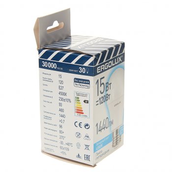 75 р. Лампа светодиодная E27 A60 15W (120W) 220V холодный ERGOLUX ERGOLUX el-led-a60-15w-e27-4k  с доставкой в г. Кемерово. Увеличить фотографию 2