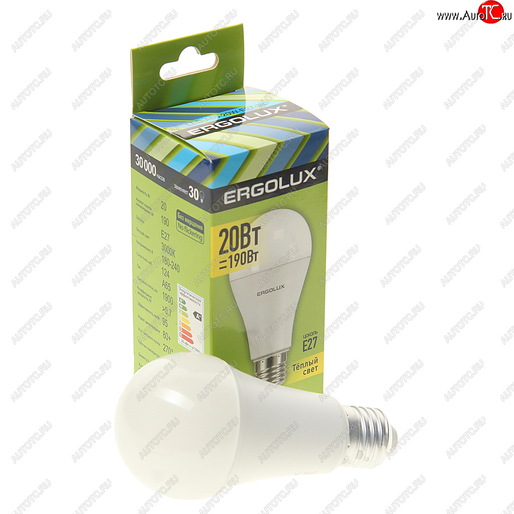 132 р. Лампа светодиодная E27 A60 20W (190W) 220V теплый ERGOLUX ERGOLUX el-led-a65-20w-e27-3k  с доставкой в г. Кемерово