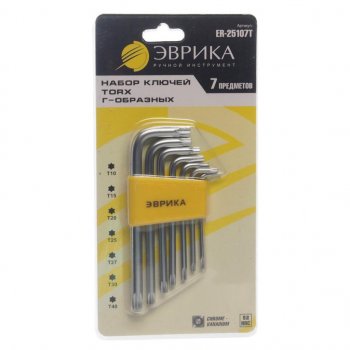 284 р. Набор ключей TORX T10-Т40 Г-образных 7 предметов ЭВРИКА ЭВРИКА er-25107t  с доставкой в г. Кемерово. Увеличить фотографию 1