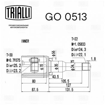 5 199 р. ШРУС внутренний CHEVROLET Aveo (11-) комплект TRIALLI TRIALLI go0513 TRIALLI go0513  с доставкой в г. Кемерово. Увеличить фотографию 6