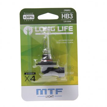 419 р. Лампа 12V HB3 65W P20d +30% блистер (1шт.) Long Life MTF MTF hll12b3b  с доставкой в г. Кемерово. Увеличить фотографию 1