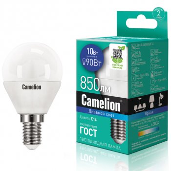 142 р. Лампа светодиодная E14 G45 10W (90W) 220V холодный Ultra CAMELION CAMELION led10-g45865e14  с доставкой в г. Кемерово. Увеличить фотографию 1
