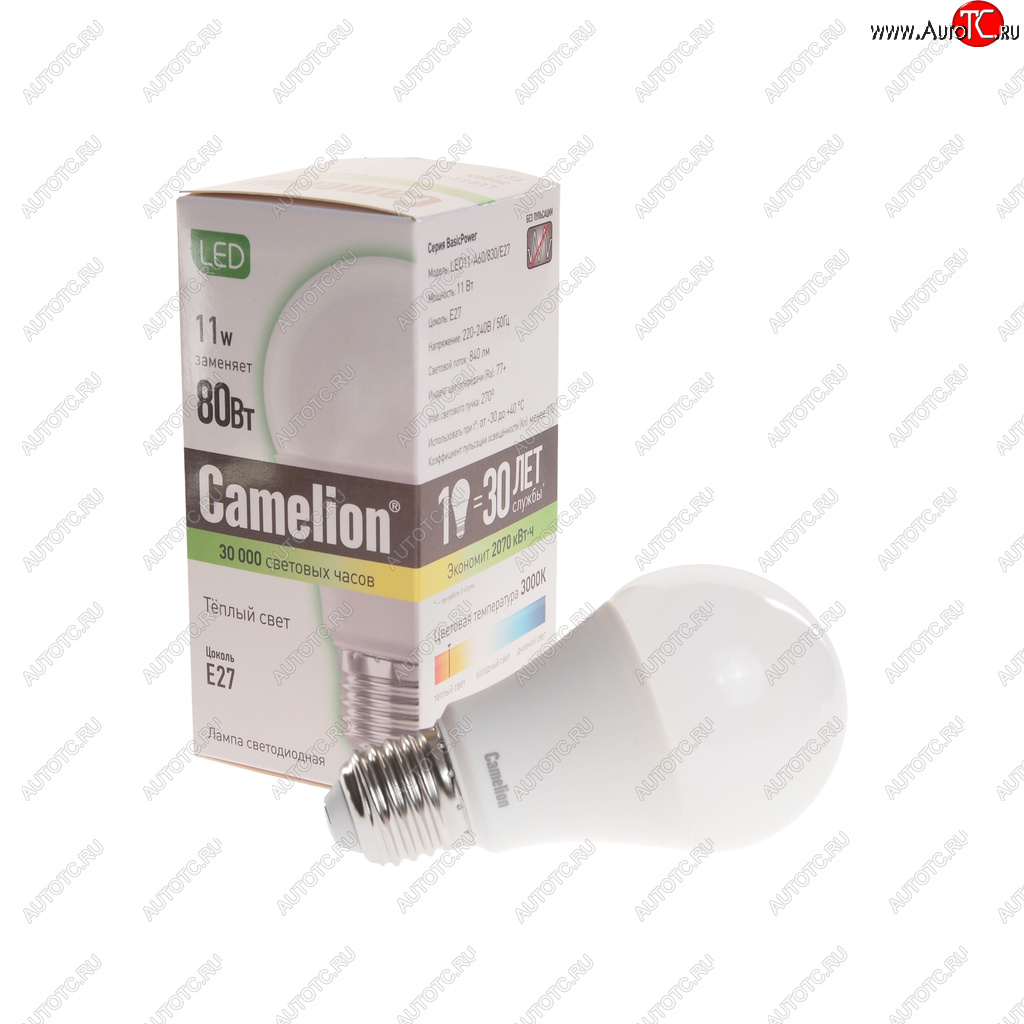 131 р. Лампа светодиодная E27 A60 11W (80W) 220V теплый BasicPower CAMELION CAMELION led11-a60830e27  с доставкой в г. Кемерово