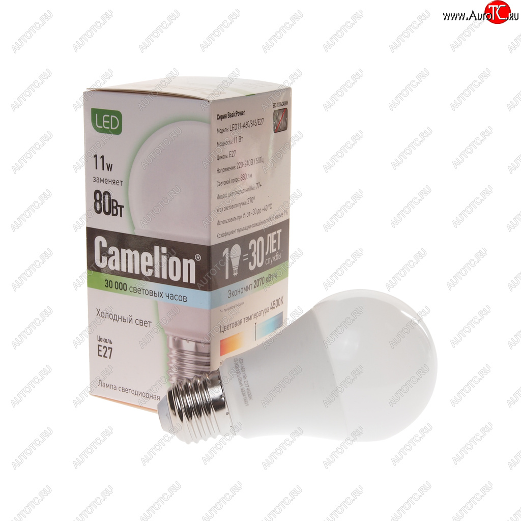 131 р. Лампа светодиодная E27 A60 11W (80W) 220V холодный BasicPower CAMELION CAMELION led11-a60845e27  с доставкой в г. Кемерово