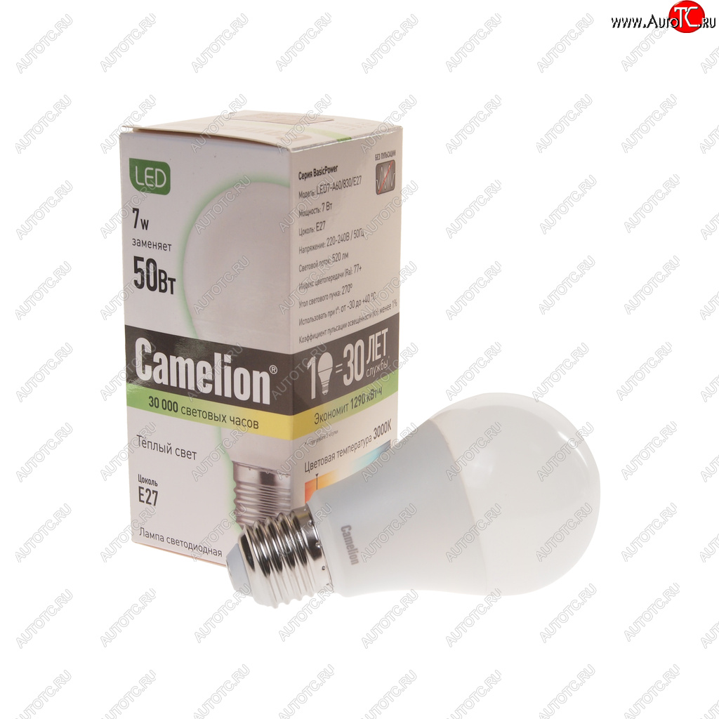 123 р. Лампа светодиодная E27 A60 7W (55W) 220V теплый BasicPower CAMELION CAMELION led7-a60830e27  с доставкой в г. Кемерово