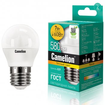 119 р. Лампа светодиодная E27 G45 7W (60W) 220V теплый Ultra CAMELION CAMELION led7-g45830e27  с доставкой в г. Кемерово. Увеличить фотографию 1