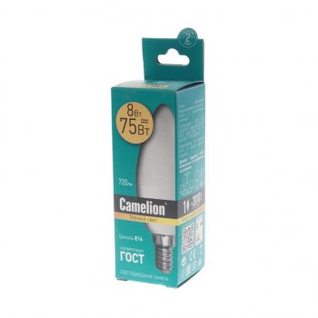 128 р. Лампа светодиодная E14 С35 8W (75W) 220V теплый BasicPower CAMELION CAMELION led8-c35830e14  с доставкой в г. Кемерово. Увеличить фотографию 2