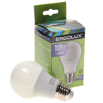 91 р. Лампа светодиодная Е27 А60 10W (80W) 220V дневной свет ERGOLUX ERGOLUX led-a60-10w-e27-6k  с доставкой в г. Кемерово. Увеличить фотографию 1
