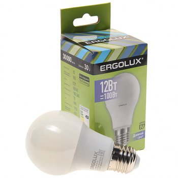 94 р. Лампа светодиодная Е27 А60 12W (100W) 220V дневной свет ERGOLUX ERGOLUX led-a60-12w-e27-6k  с доставкой в г. Кемерово. Увеличить фотографию 1
