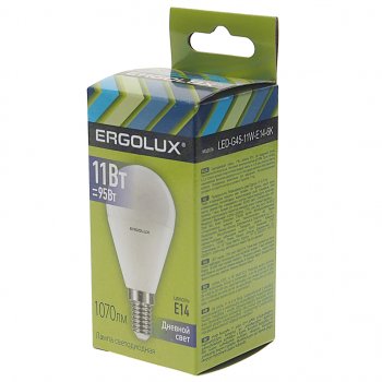 99 р. Лампа светодиодная E14 G45 11W (95W) 220V дневной свет ERGOLUX ERGOLUX led-g45-11w-e14-6k  с доставкой в г. Кемерово. Увеличить фотографию 2