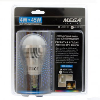 48 р. Лампа светодиодная E14 G45 4W(45W) 220V теплый MEGA LIGHTING MEGA LIGHTING lm-0627ww-e14  с доставкой в г. Кемерово. Увеличить фотографию 1