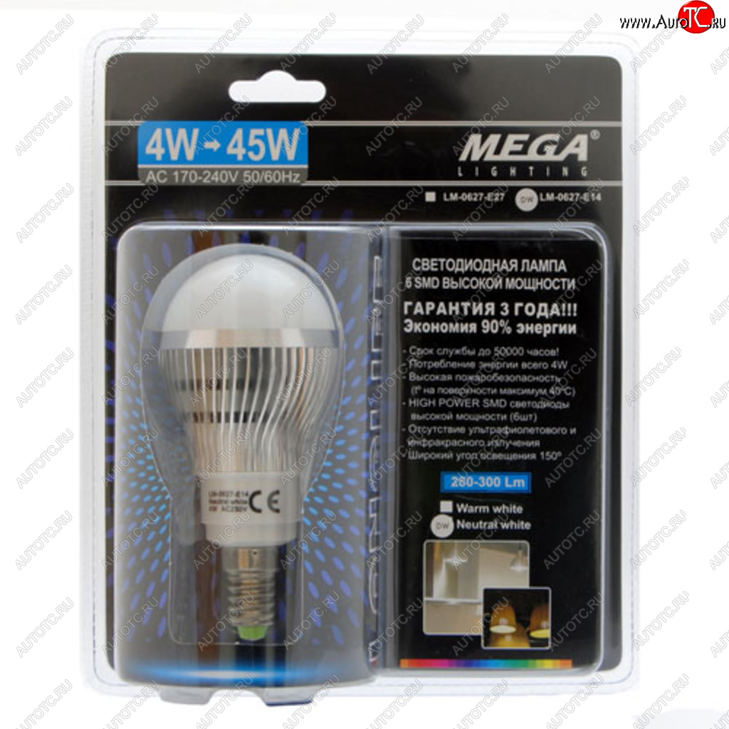 48 р. Лампа светодиодная E14 G45 4W(45W) 220V теплый MEGA LIGHTING MEGA LIGHTING lm-0627ww-e14  с доставкой в г. Кемерово