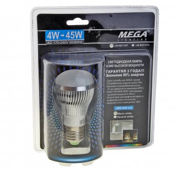 52 р. Лампа светодиодная E27 G45 4W(45W) 220V теплый MEGA LIGHTING MEGA LIGHTING lm-0627ww-e27  с доставкой в г. Кемерово. Увеличить фотографию 1