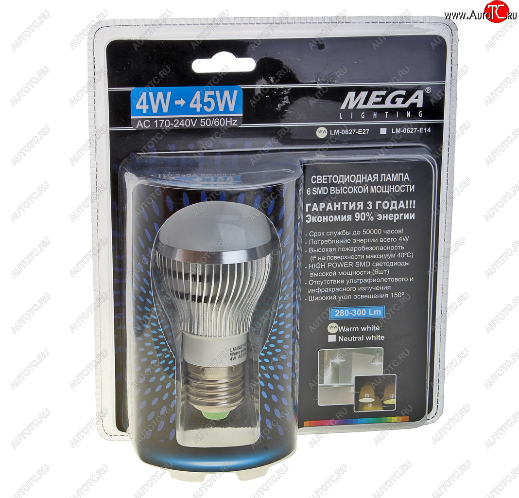 52 р. Лампа светодиодная E27 G45 4W(45W) 220V теплый MEGA LIGHTING MEGA LIGHTING lm-0627ww-e27  с доставкой в г. Кемерово