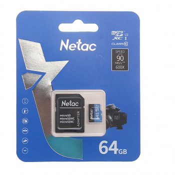 449 р. Карта памяти 64GB MicroSD class 10 + SD адаптер NETAC NETAC nt02p500stn-064g-r  с доставкой в г. Кемерово. Увеличить фотографию 1