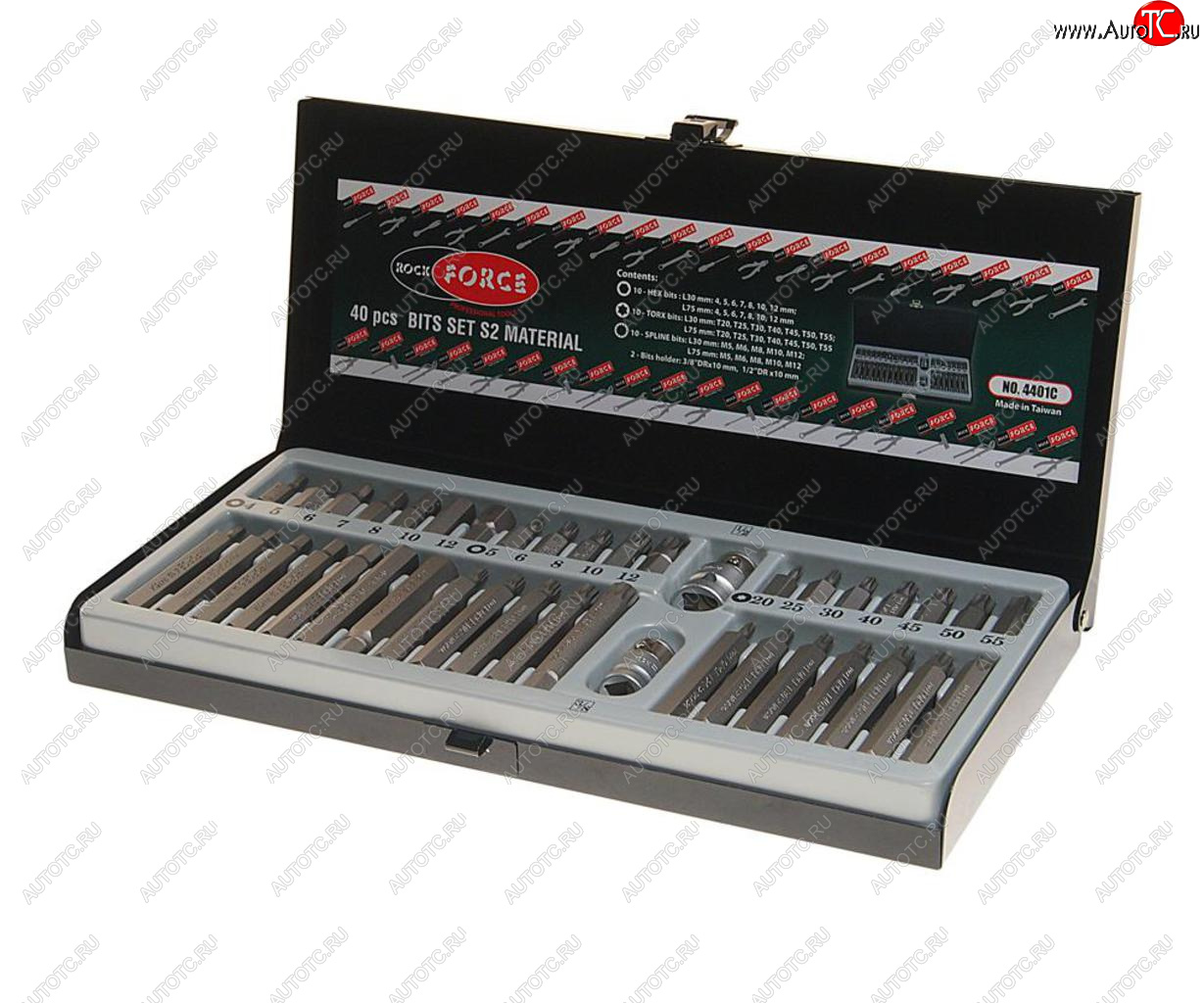 1 869 р. Набор бит 12 38 TORX T20-55 HEX H4-12мм SPLINE M5-12 2 держателя 40 предметов в кейсе ROCKFORCE ROCKFORCE rf-4401c  с доставкой в г. Кемерово