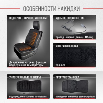 1 759 р. Накидка на сиденье с подогревом 12V с терморегулятором черная SKYWAY SKYWAY s02201018  с доставкой в г. Кемерово. Увеличить фотографию 2