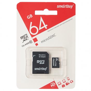 429 р. Карта памяти 64GB MicroSD class 10 + SD адаптер SMART BUY SMART BUY sb64gbsdcl10-01le  с доставкой в г. Кемерово. Увеличить фотографию 1