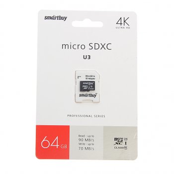 749 р. Карта памяти 64GB MicroSD class 10 + SD адаптер SMART BUY SMART BUY sb64gbsdcl10u3-01  с доставкой в г. Кемерово. Увеличить фотографию 1