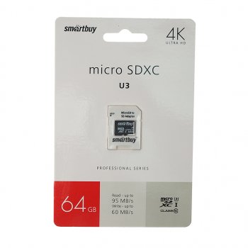 649 р. Карта памяти 64GB MicroSD class 10 + SD адаптер SMART BUY SMART BUY sb64gbsdcl10u3l-01  с доставкой в г. Кемерово. Увеличить фотографию 1