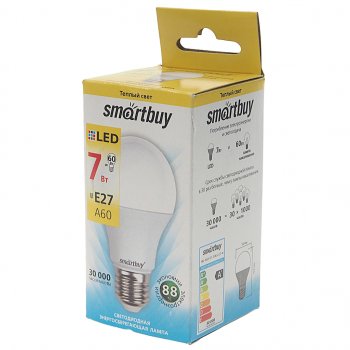 73 р. Лампа светодиодная E27 A60 7W(60W) 220V теплый SMART BUY SMART BUY sbl-a60-07-30k-e27-n  с доставкой в г. Кемерово. Увеличить фотографию 2