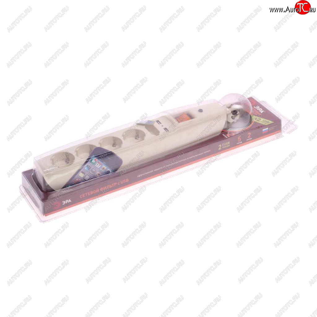 1 649 р. Фильтр сетевой 2м 10А 2200Вт 5 гнезд + 2 USB с заземлением бежевый ЭРА ЭРА sfu-5es-2m-i  с доставкой в г. Кемерово