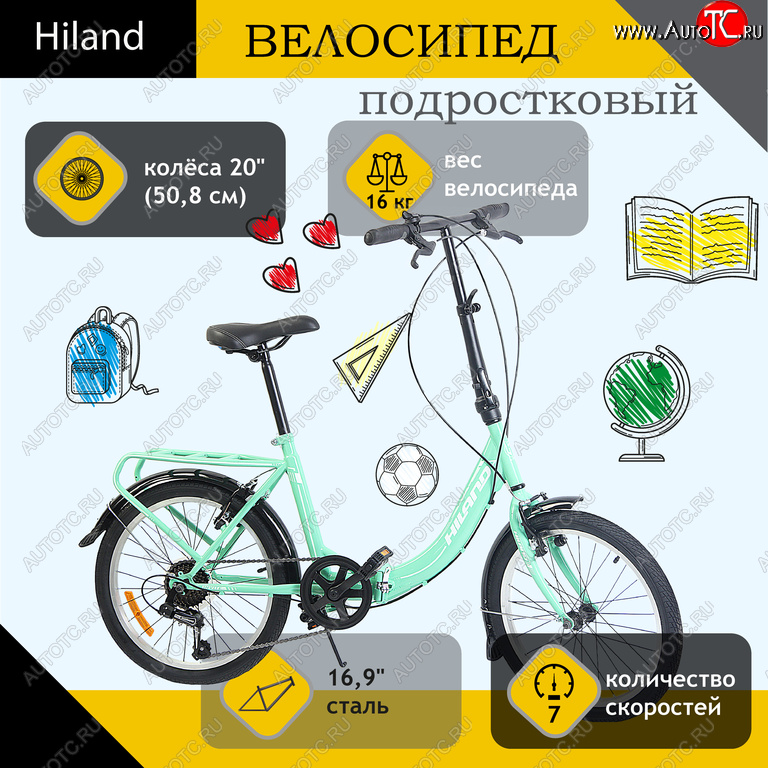 13 299 р. Велосипед 20 7-ск. складной бирюзовый HILAND HILAND t18b704 b HILAND t18b704 b  с доставкой в г. Кемерово