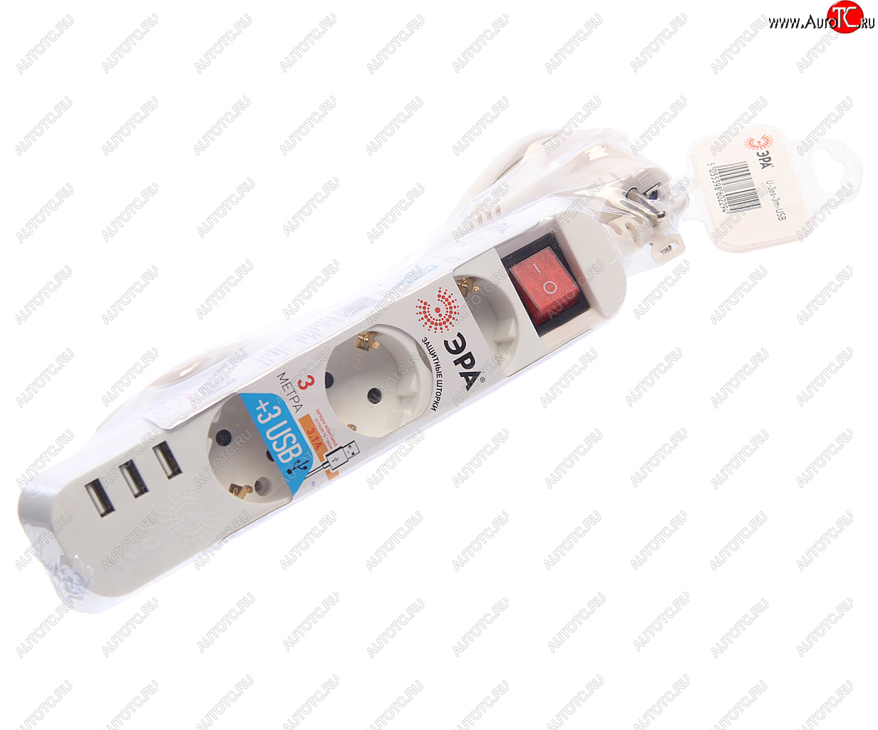 1 199 р. Фильтр сетевой 3м 10А 2200Вт 3 гнезда + 3 USB с заземлением белый ЭРА ЭРА u-3es-3m-usb  с доставкой в г. Кемерово