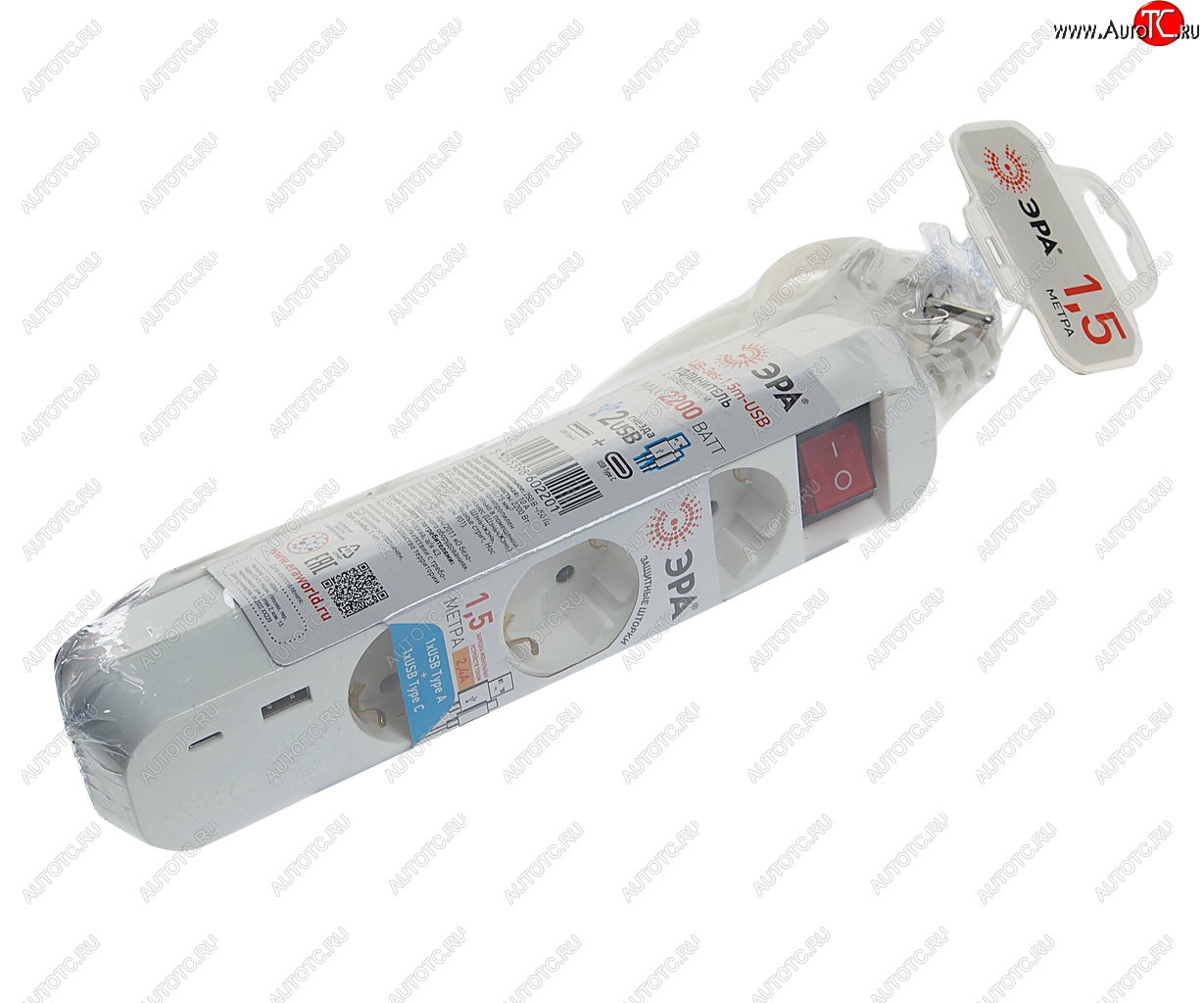 799 р. Фильтр сетевой 1.5м 10А 2200Вт 3 гнезда + 1 USB A 1 Type C с заземлением белый ЭРА ЭРА ub-3es-1,5m-usb  с доставкой в г. Кемерово