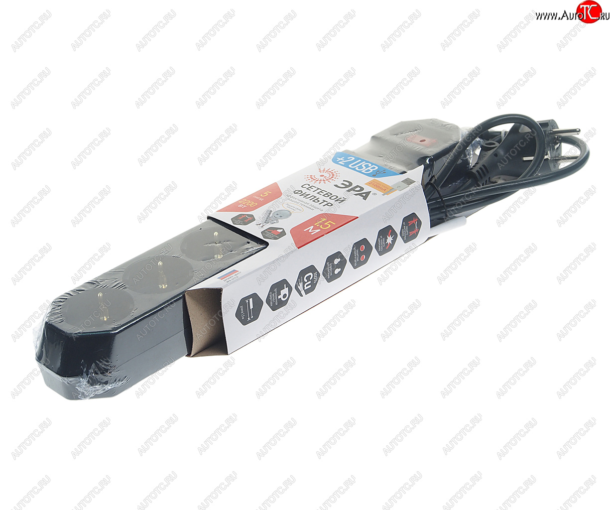 999 р. Фильтр сетевой 1.5м 10А 2200Вт 5 гнезд + 2 USB с заземлением черный ЭРА ЭРА usf-5es-1.5m-usb-b  с доставкой в г. Кемерово