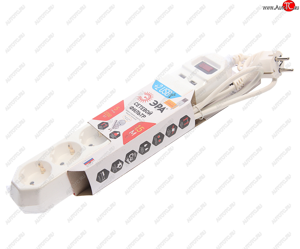 999 р. Фильтр сетевой 1.5м 10А 2200Вт 5 гнезд + 2 USB с заземлением белый ЭРА ЭРА usf-5es-1.5m-usb-w  с доставкой в г. Кемерово