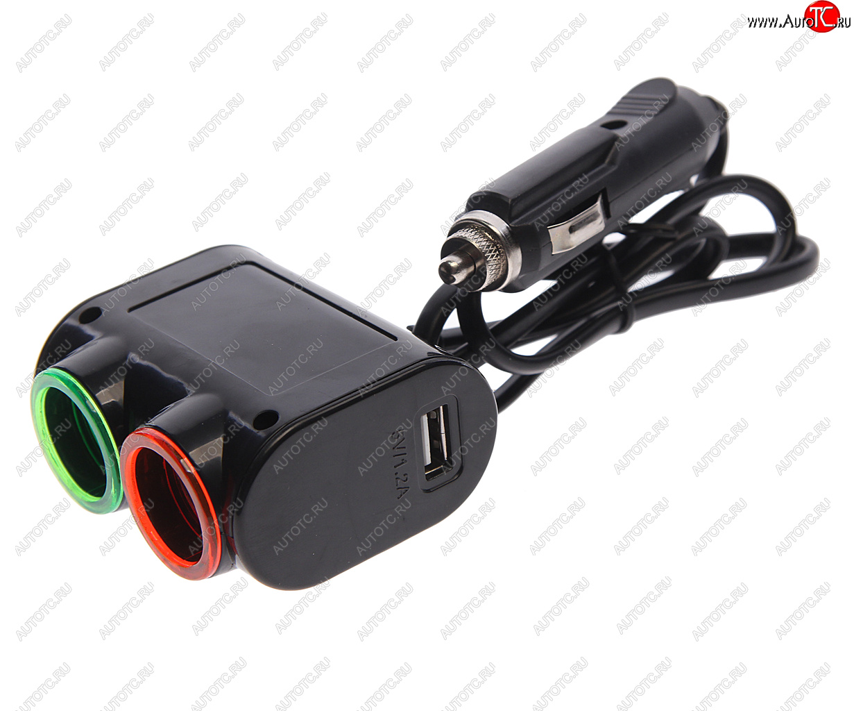 449 р. Разветвитель прикуривателя 2-х гнездовой 12-24V 1USB 3.1А с удлинителем 0.8м черный OLESSON OLESSON ols-1631  с доставкой в г. Кемерово