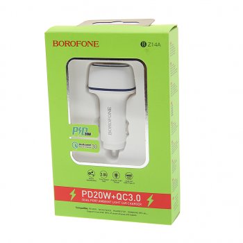499 р. Устройство зарядное в прикуриватель 1USB + 1 Type C 12V белое BOROFONE BOROFONE bz14a white  с доставкой в г. Кемерово. Увеличить фотографию 1