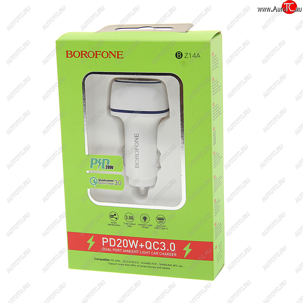 499 р. Устройство зарядное в прикуриватель 1USB + 1 Type C 12V белое BOROFONE BOROFONE bz14a white  с доставкой в г. Кемерово