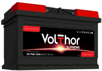12 549 р. Аккумулятор VOLTHOR Supreme 75Ач обратная полярность,низкий VOLTHOR 6ст75(0) 57510  с доставкой в г. Кемерово. Увеличить фотографию 1