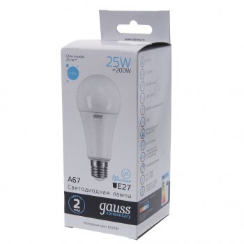 349 р. Лампа светодиодная E27 A67 25W (200W) 220V холодный GAUSS GAUSS 73235  с доставкой в г. Кемерово. Увеличить фотографию 3