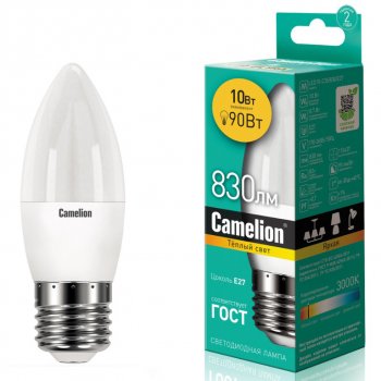 153 р. Лампа светодиодная E27 С35 10W (90W) 220V теплый Ultra CAMELION CAMELION led10-c35830e2  с доставкой в г. Кемерово. Увеличить фотографию 1