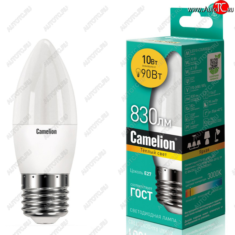 153 р. Лампа светодиодная E27 С35 10W (90W) 220V теплый Ultra CAMELION CAMELION led10-c35830e2  с доставкой в г. Кемерово