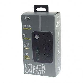 1 569 р. Фильтр сетевой 2м 10А 2500Вт 3 гнезда+ 6 USB с заземлением черный TFN TFN tfn-power7bk  с доставкой в г. Кемерово. Увеличить фотографию 4