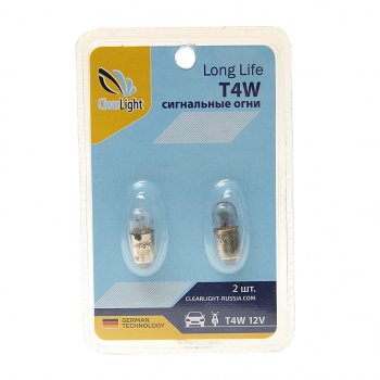 98 р. Лампа 12V T4W BA9s блистер (2шт.) CLEARLIGHT CLEARLIGHT cl-t4w-12v 2b CLEARLIGHT cl-t4w-12v 2b  с доставкой в г. Кемерово. Увеличить фотографию 1