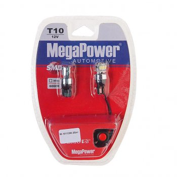 290 р. Лампа светодиодная 12V W5W T10 W2.1x9.5d 6000K 3 LED с тестером блистер (2шт.) MEGAPOWER MEGAPOWER-AUTOMOTIVE 10112w-2блт  с доставкой в г. Кемерово. Увеличить фотографию 1