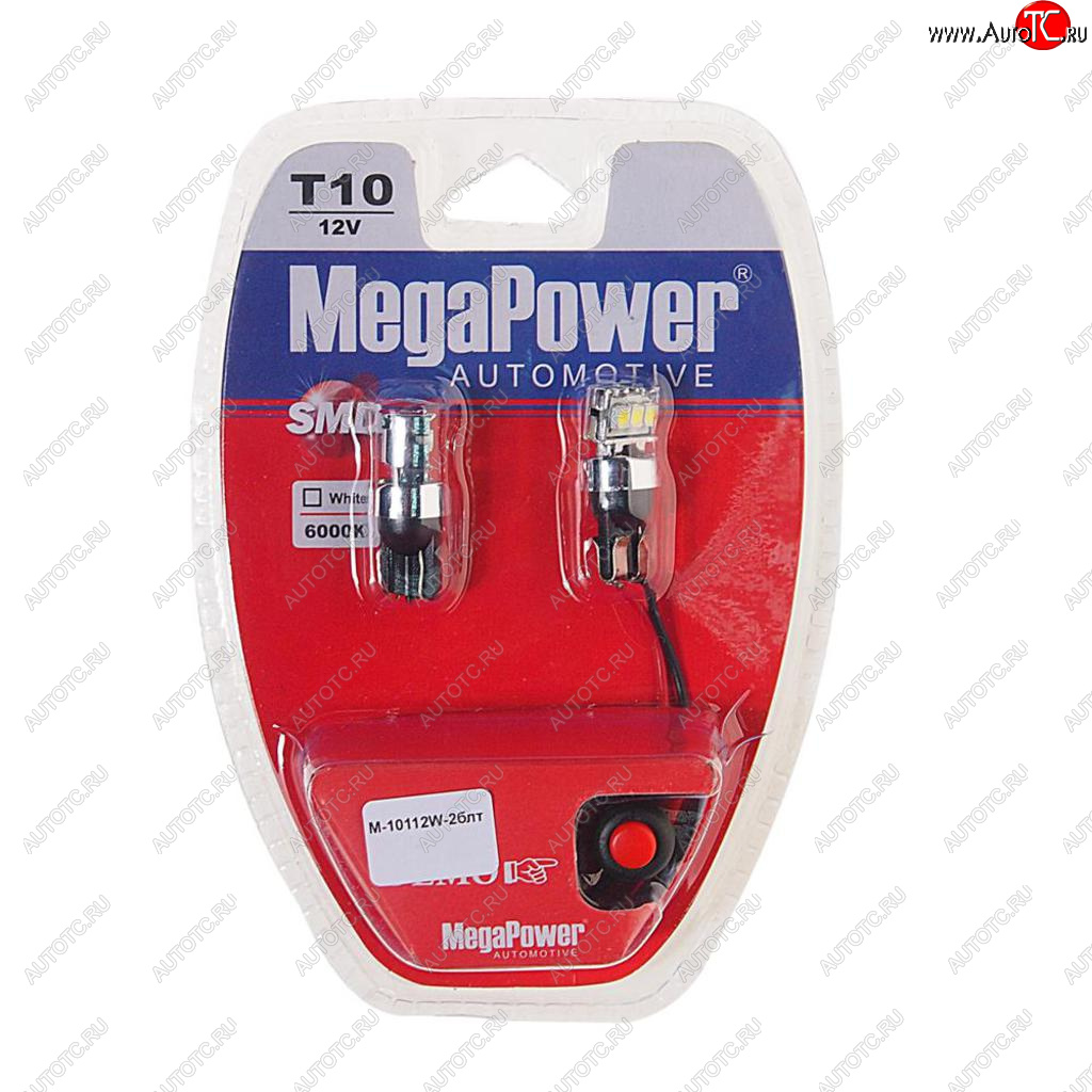 290 р. Лампа светодиодная 12V W5W T10 W2.1x9.5d 6000K 3 LED с тестером блистер (2шт.) MEGAPOWER MEGAPOWER-AUTOMOTIVE 10112w-2блт  с доставкой в г. Кемерово