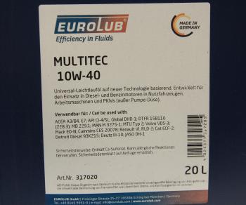 16 949 р. Масло дизельное MULTITEC CI-4E7 10W40 псинт.20л EUROLUB EUROLUB 317020  с доставкой в г. Кемерово. Увеличить фотографию 2