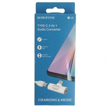 274 р. Переходник USB Type C на jack 3.5 + зарядка белый BOROFONE BOROFONE bv8 white  с доставкой в г. Кемерово. Увеличить фотографию 3
