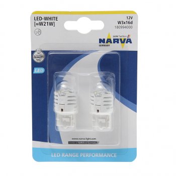 1 289 р. Лампа светодиодная 12V W21W 1.75W W3x16d 6500K блистер (2шт.) White Range Perfomance LED NARVA NARVA 180994000  с доставкой в г. Кемерово. Увеличить фотографию 1