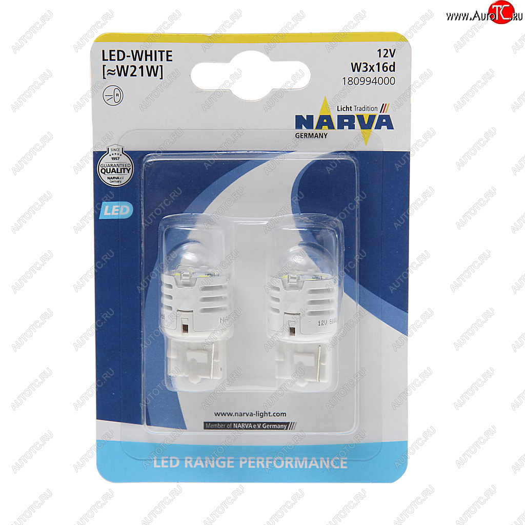 1 289 р. Лампа светодиодная 12V W21W 1.75W W3x16d 6500K блистер (2шт.) White Range Perfomance LED NARVA NARVA 180994000  с доставкой в г. Кемерово