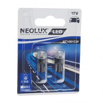 719 р. Лампа светодиодная 12V W5W T10W W2.1x9.5d 6000K 35лм блистер (2шт.) LED Cool White NEOLUX NEOLUX nt1061cw-02b  с доставкой в г. Кемерово. Увеличить фотографию 1