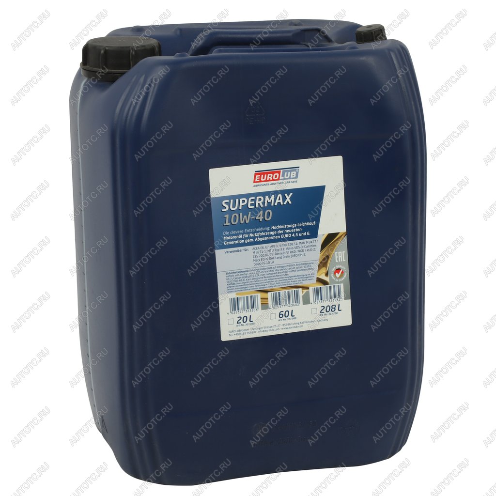 22 349 р. Масло дизельное SUPERMAX CI-4E7 10W40 синт.20л EUROLUB EUROLUB 323020  с доставкой в г. Кемерово