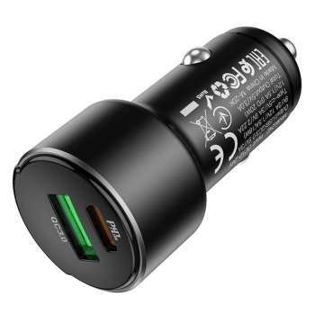 649 р. Устройство зарядное в прикуриватель 1USB + 1 Type C 12V черное HOCO HOCO z42 black  с доставкой в г. Кемерово. Увеличить фотографию 1